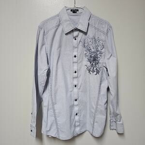 AT Collins Men's White/Gray Cotton Stripe Embroidered Button Up Shirt Size Large